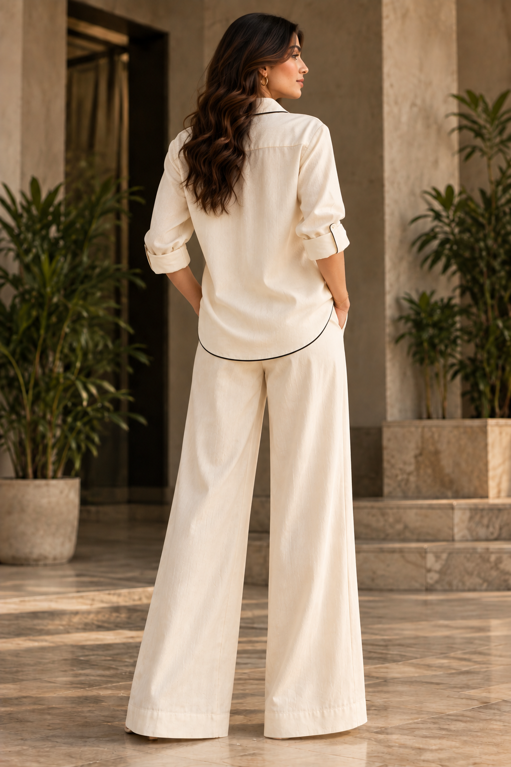 Faminside Ivory Contrast-Piped Linen Co-Ord Set