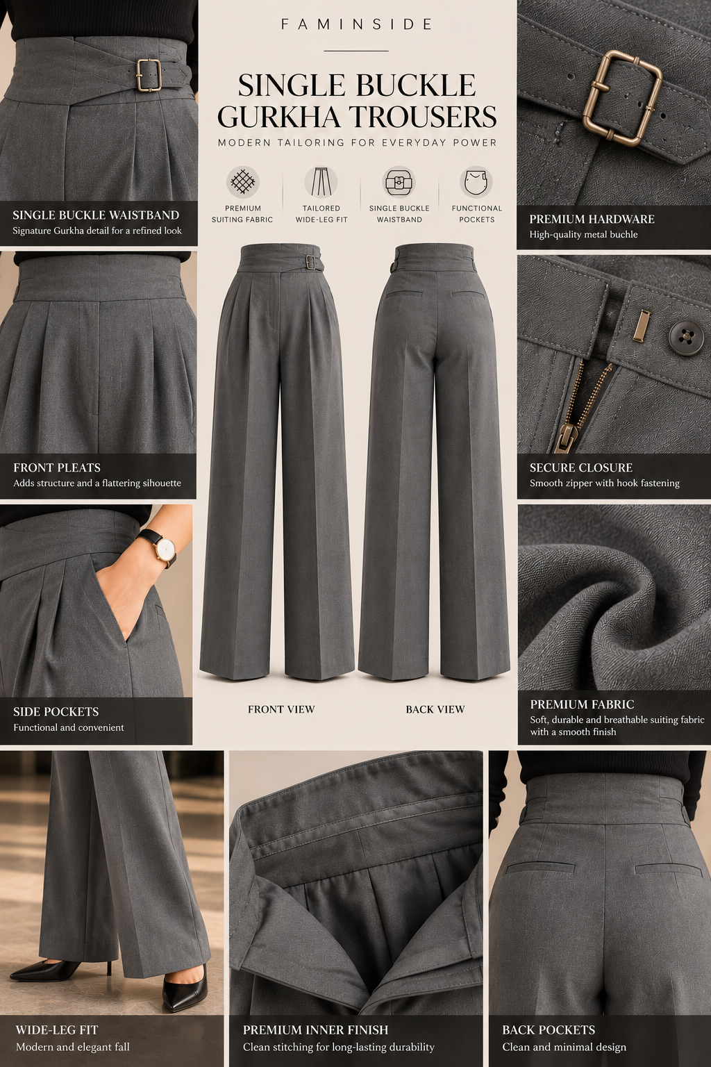Women's Stone Grey Single-Buckle Gurkha Wide-Leg Trousers - By FAMINSIDE