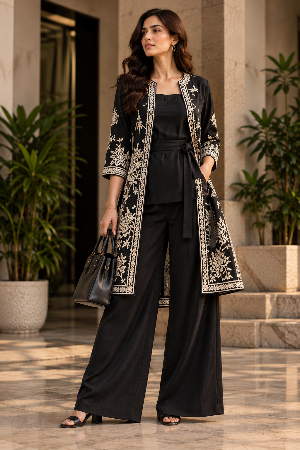 Faminside Black Embroidered Indo-Western Co-Ord Set