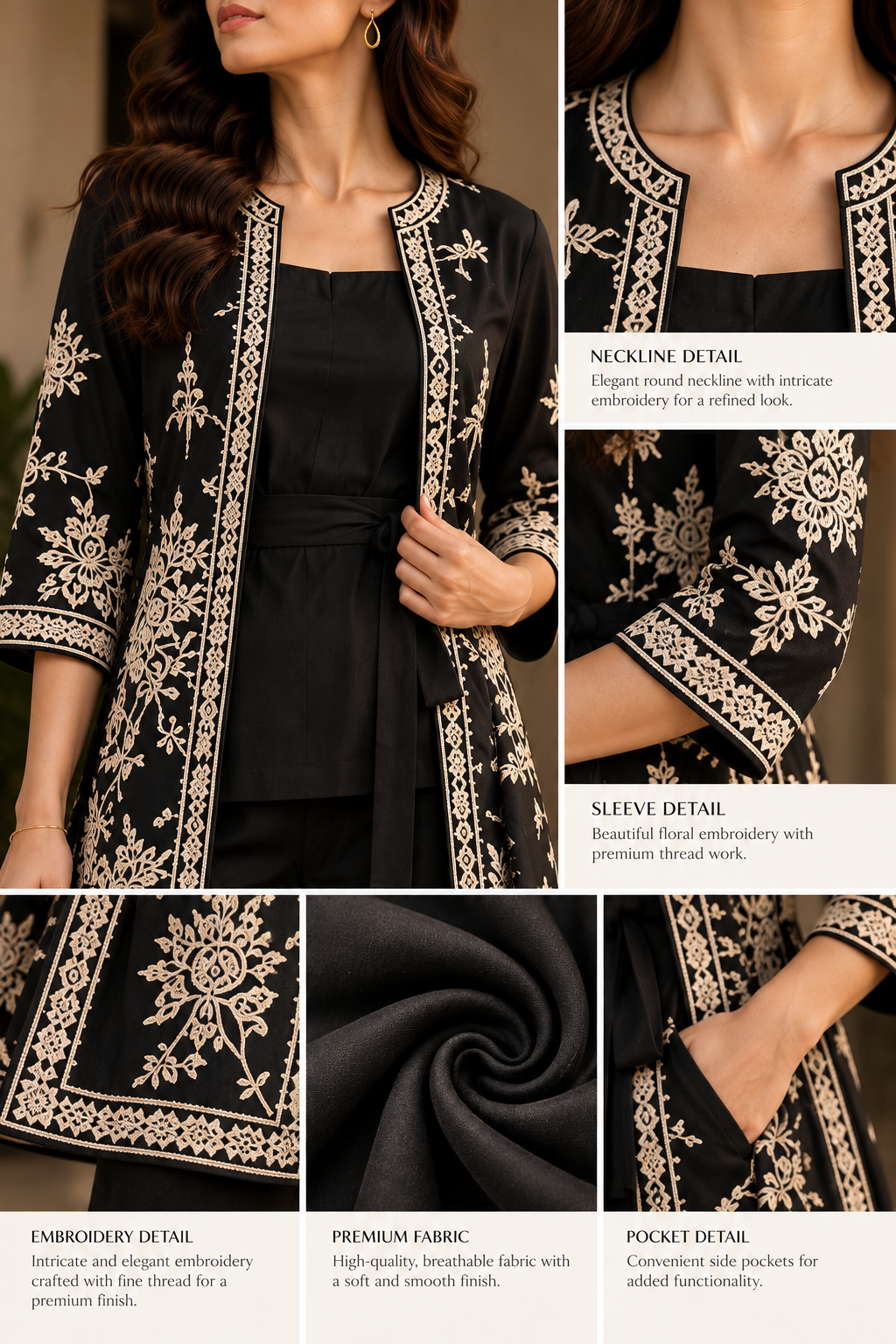 Faminside Black Embroidered Indo-Western Co-Ord Set