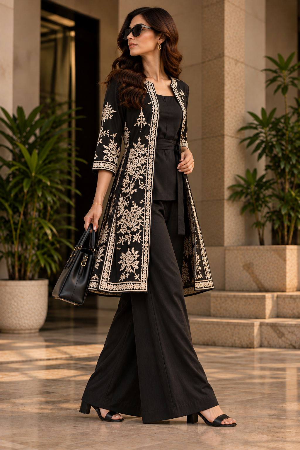 Faminside Black Embroidered Indo-Western Co-Ord Set