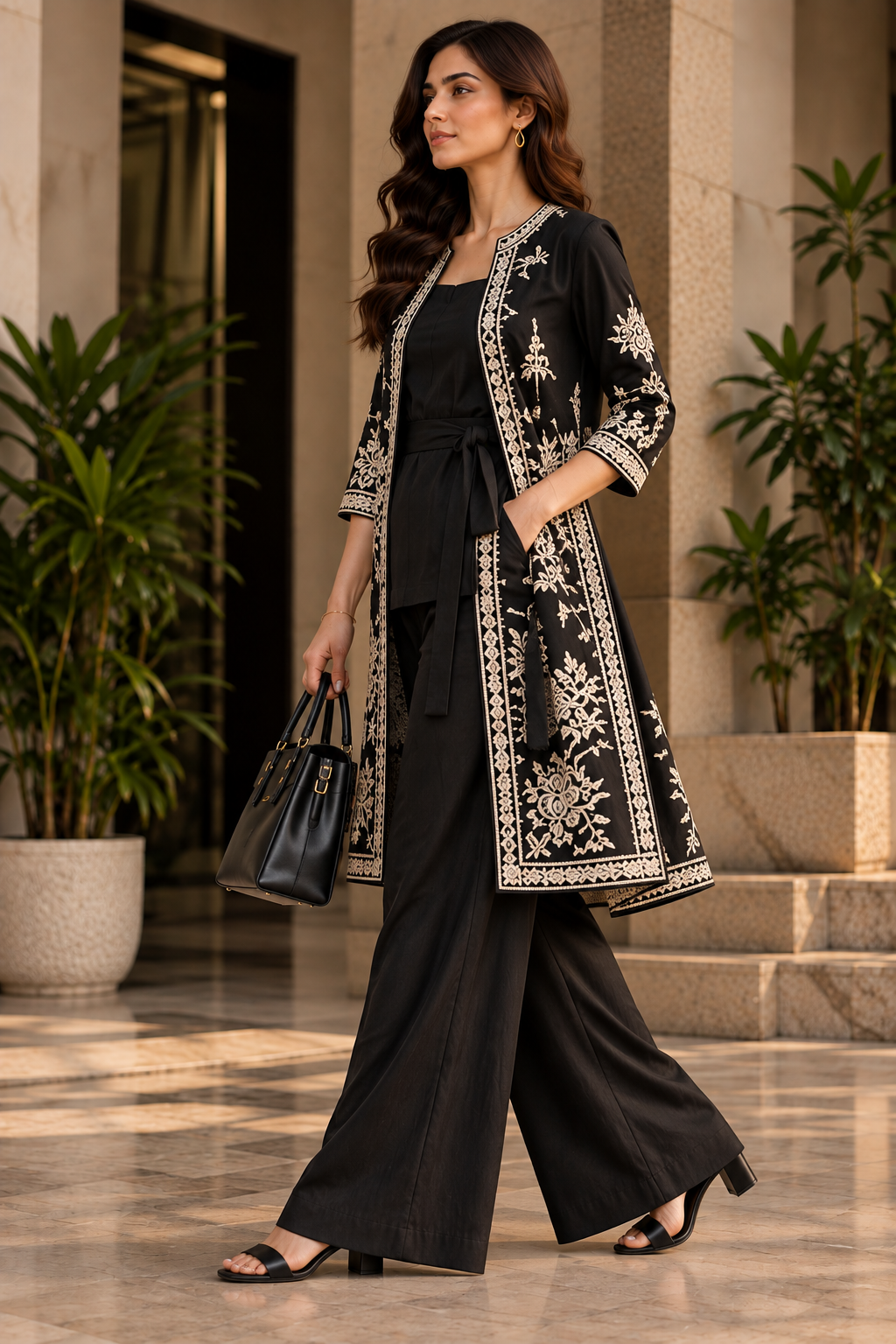 Faminside Black Embroidered Indo-Western Co-Ord Set