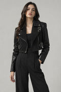 Faminside Black Suede & PU Leather Statement Jacket