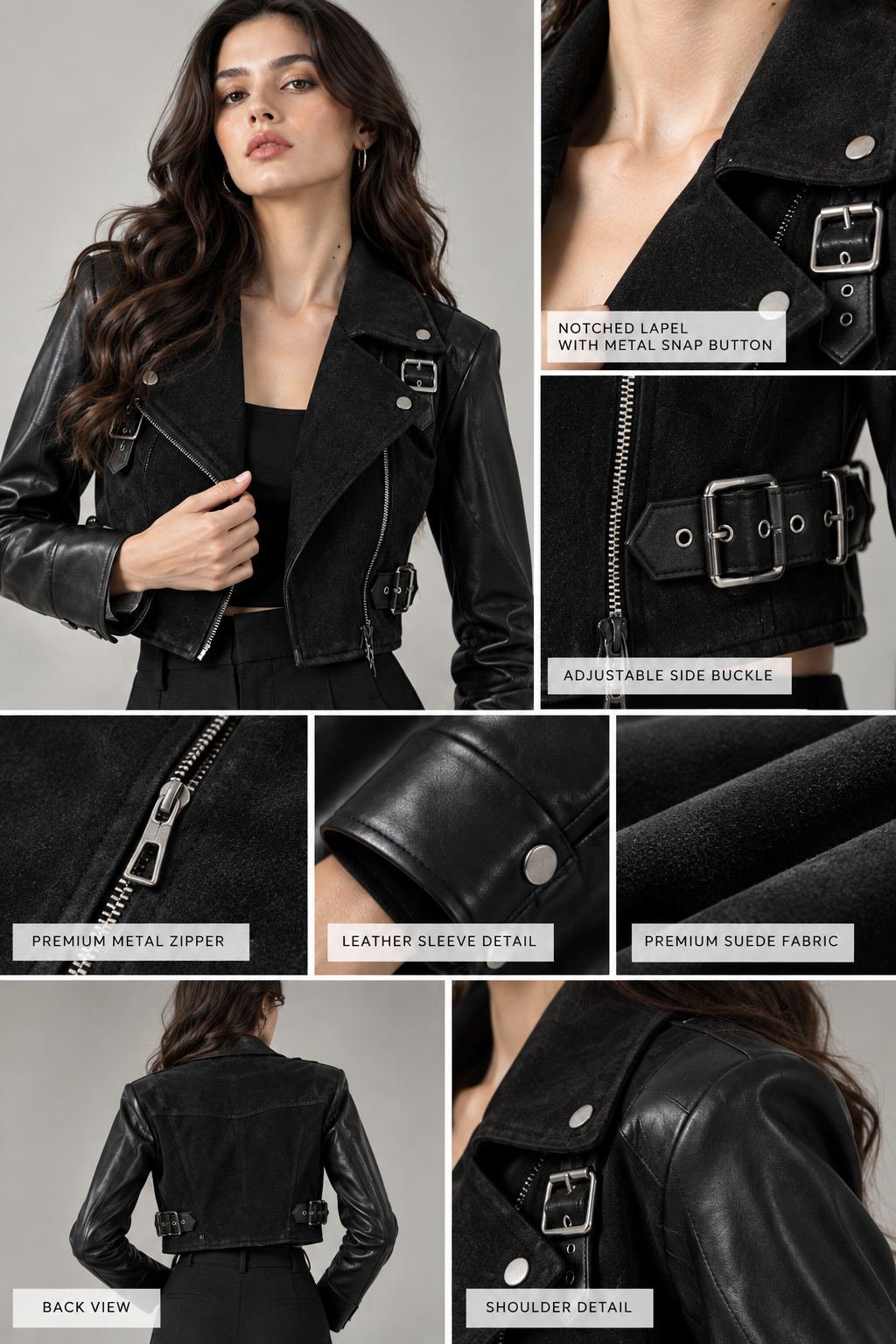 Faminside Black Suede & PU Leather Statement Jacket