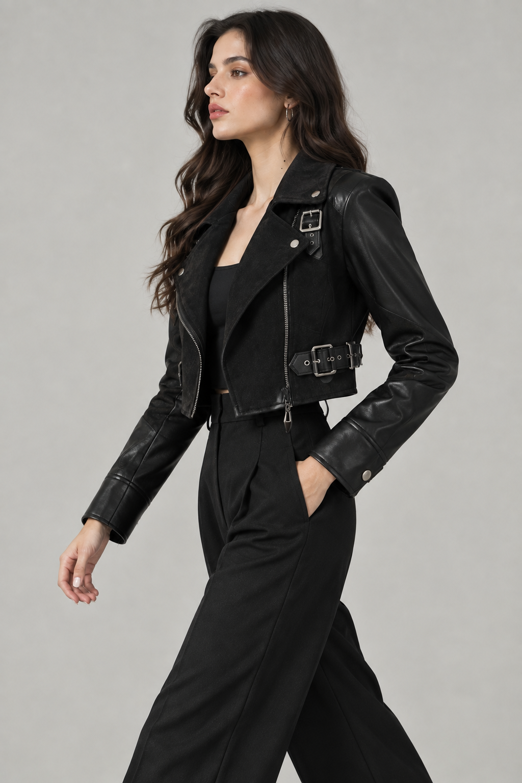 Faminside Black Suede & PU Leather Statement Jacket