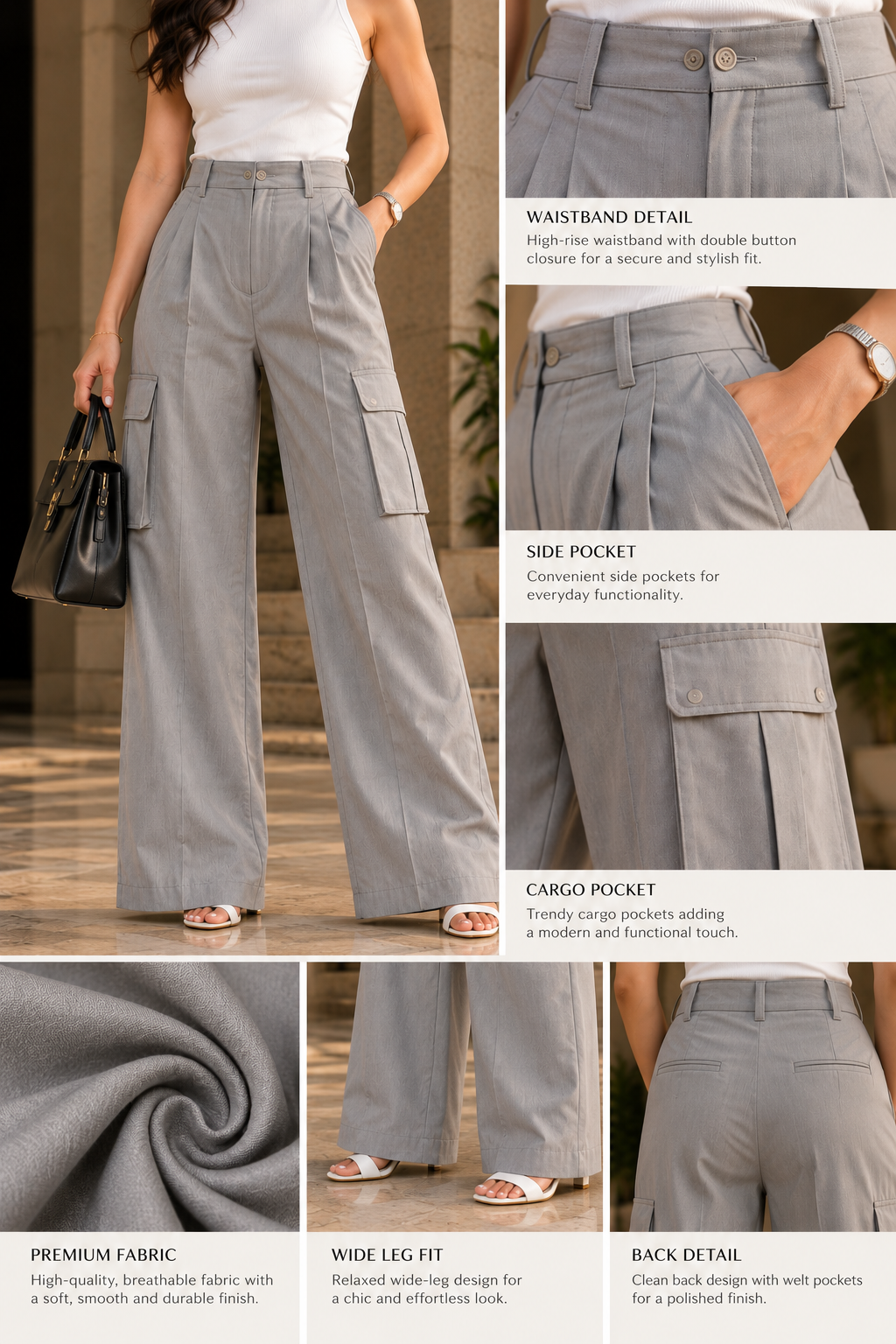 Faminside Stone Grey Utility Wide-Leg Trousers with White High-Neck Top