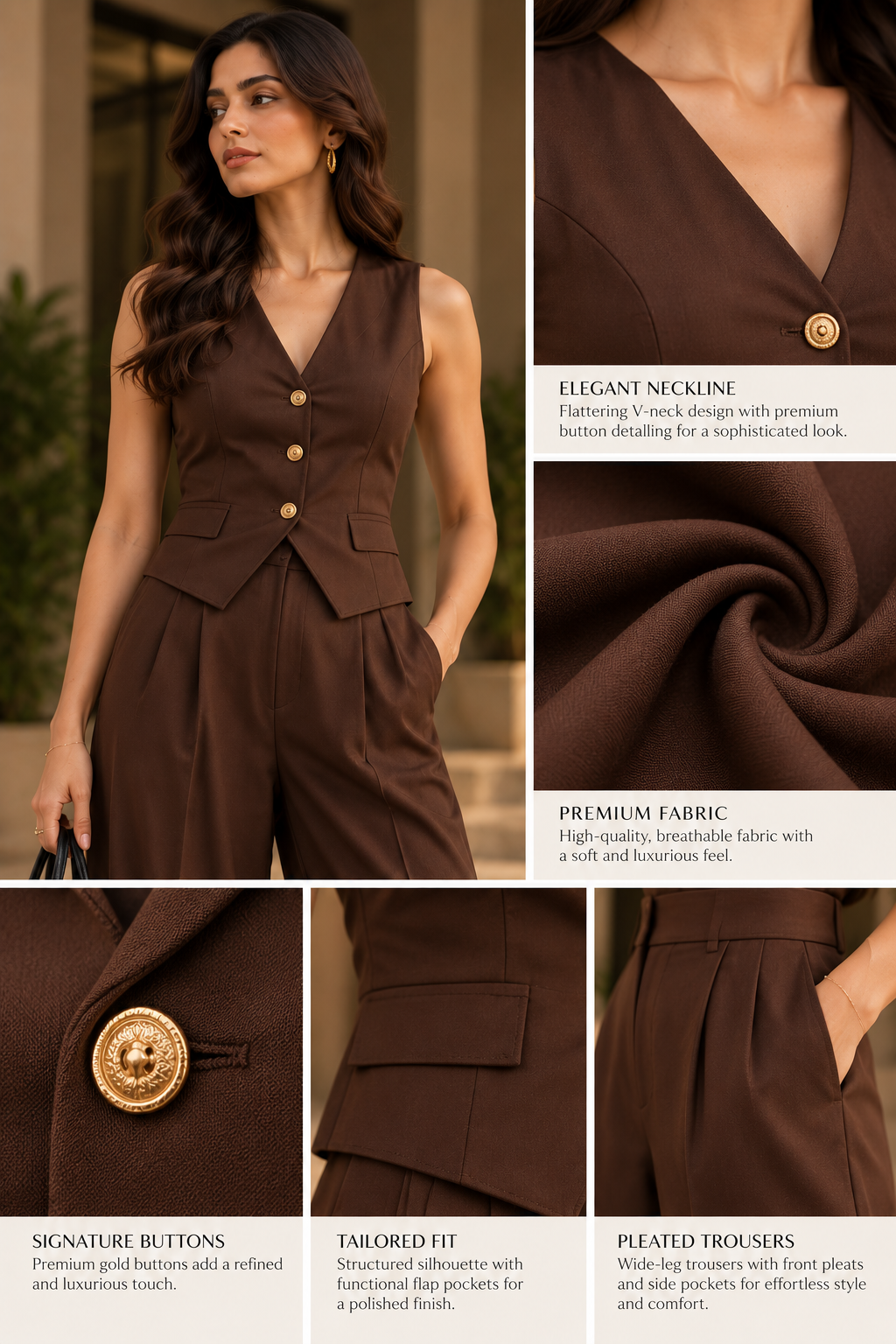 Faminside Chocolate Brown Tailored Waistcoat Co-Ord Set