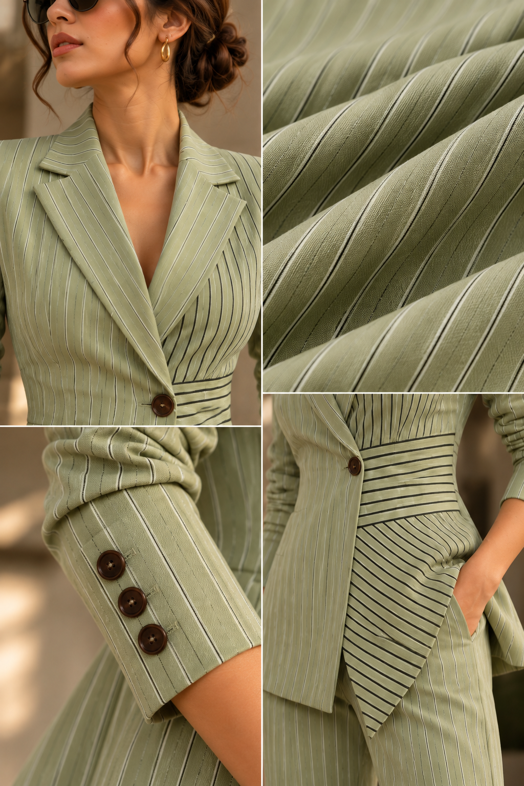 Faminside Sage Green Pinstripe Tailored Suit