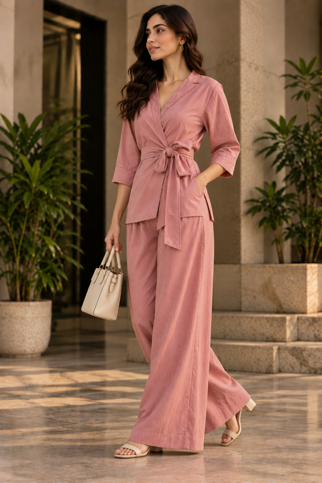 Faminside Rose Pink Wrap Co-Ord Set