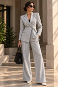 Faminside Ivory Silver-Stripe Belted Wide-Leg Suit