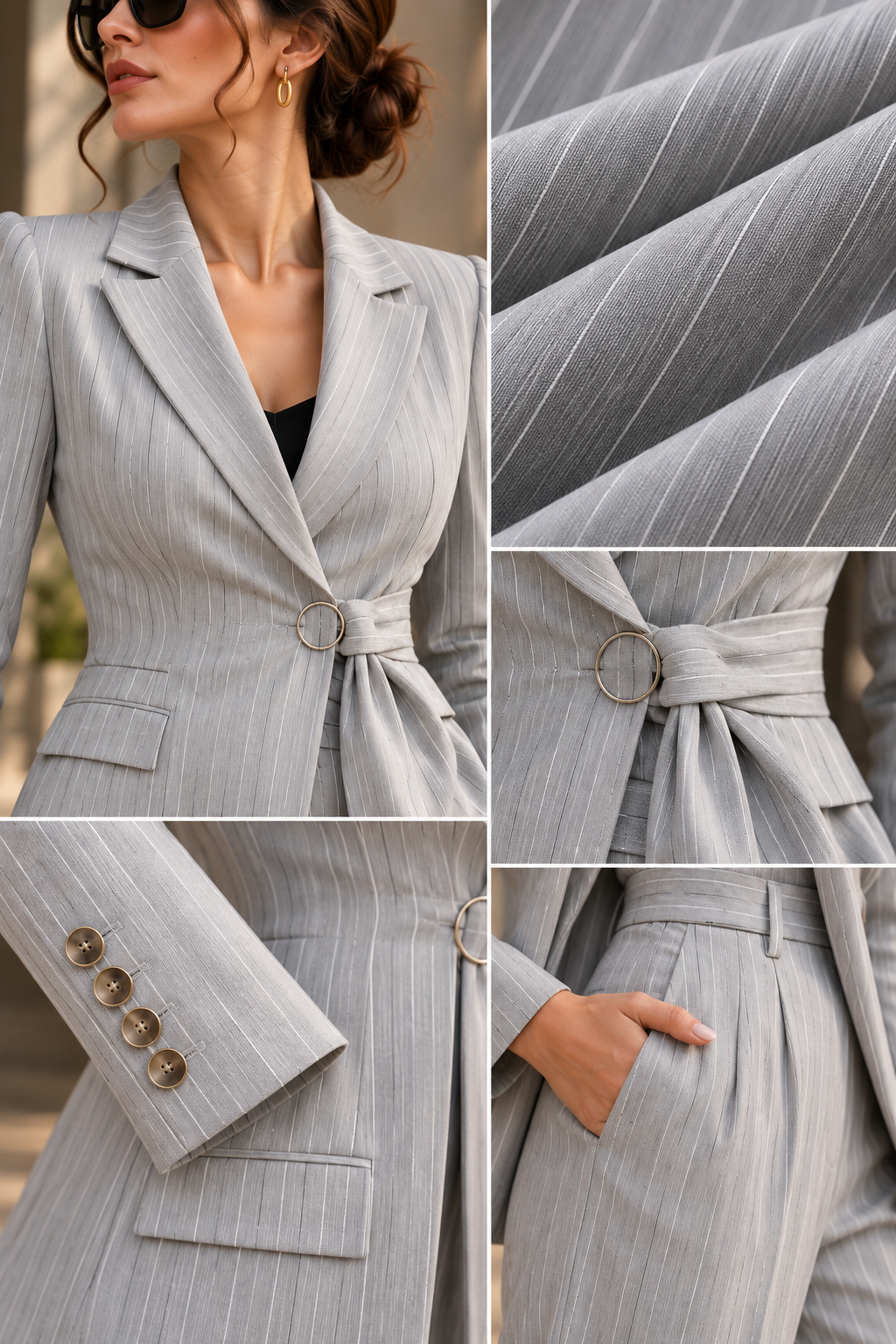 Faminside Ivory Silver-Stripe Belted Wide-Leg Suit