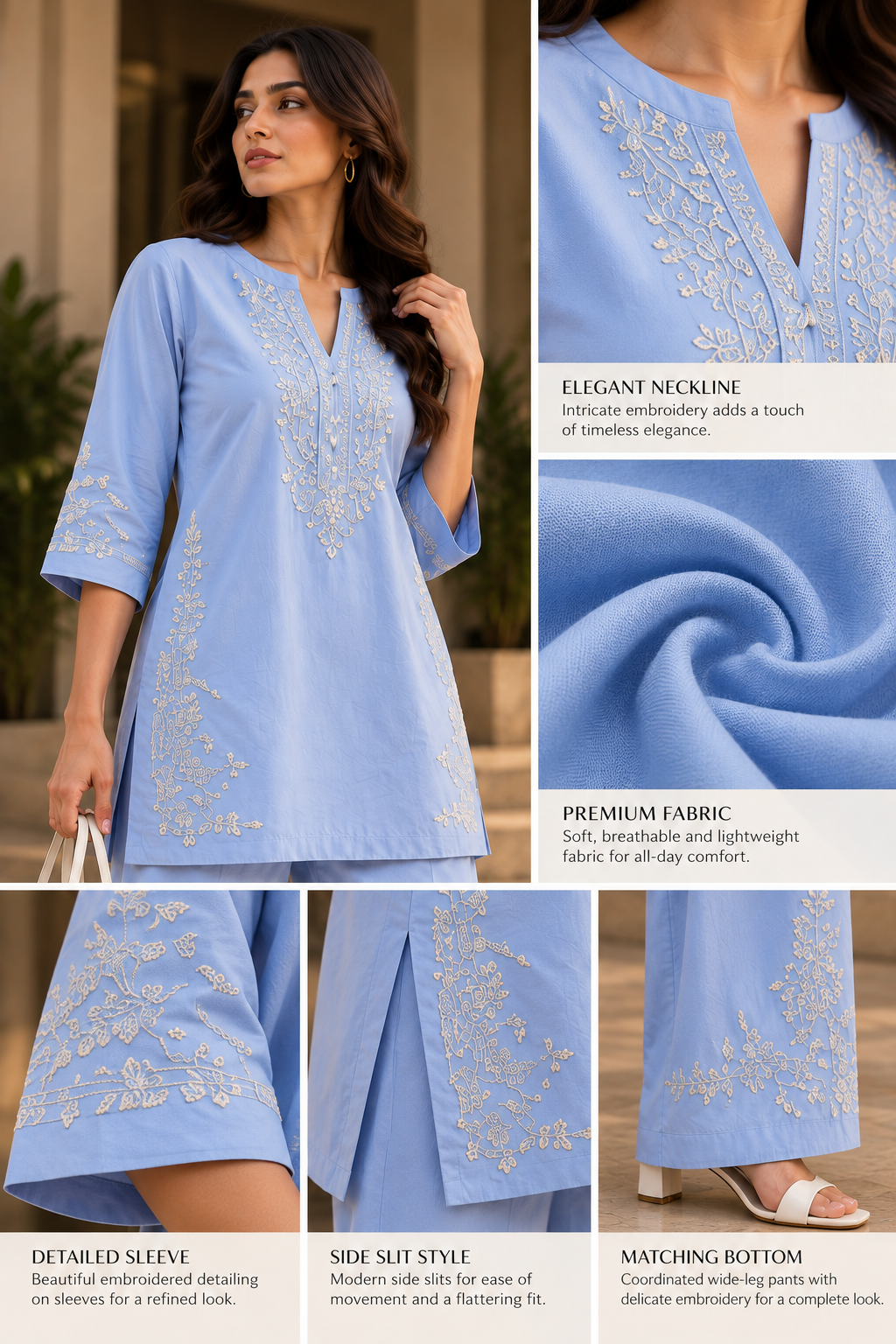 Faminside Powder Blue Embroidered Kurti Co-Ord Set
