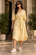 Faminside Butter Yellow Belted Shirt Dress