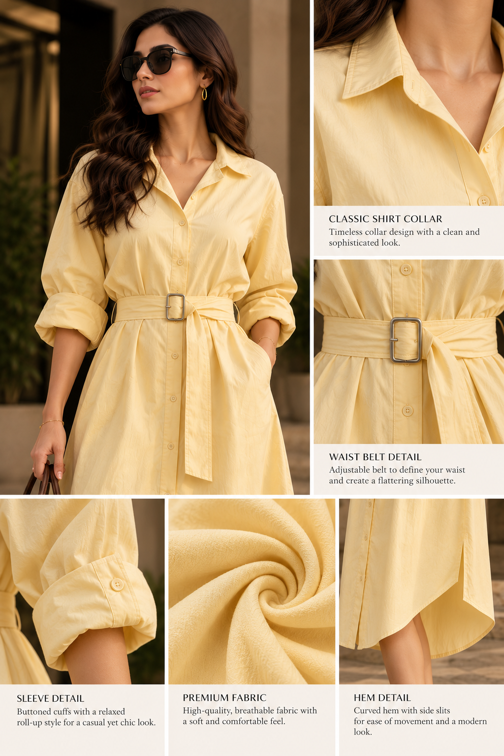 Faminside Butter Yellow Belted Shirt Dress