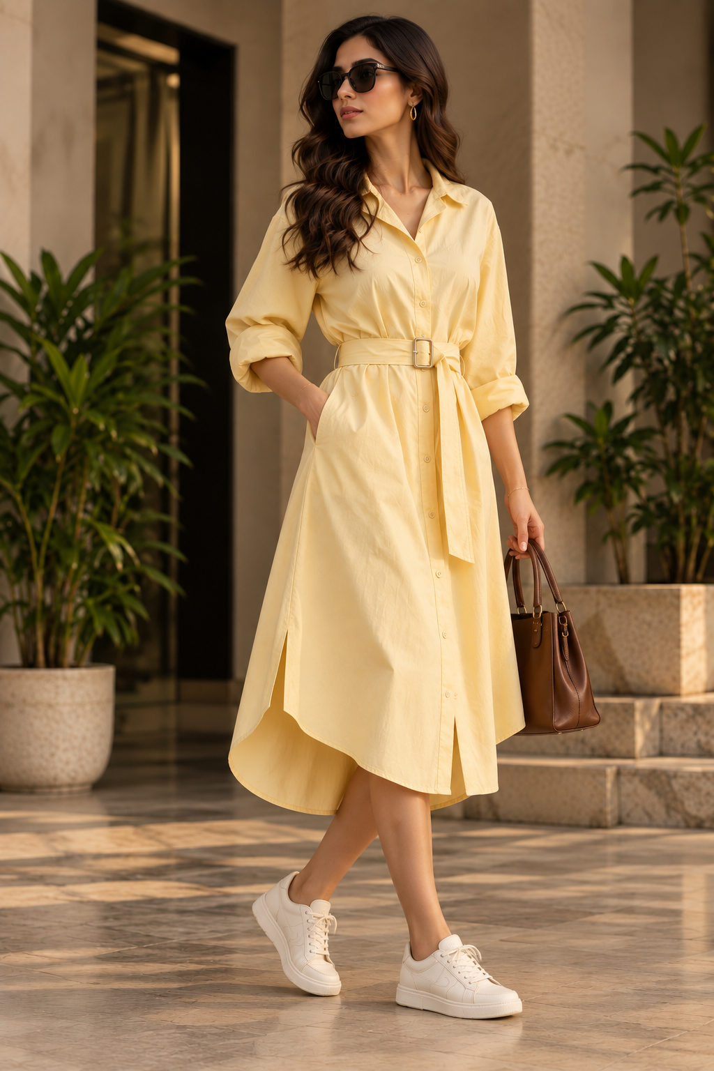 Faminside Butter Yellow Belted Shirt Dress