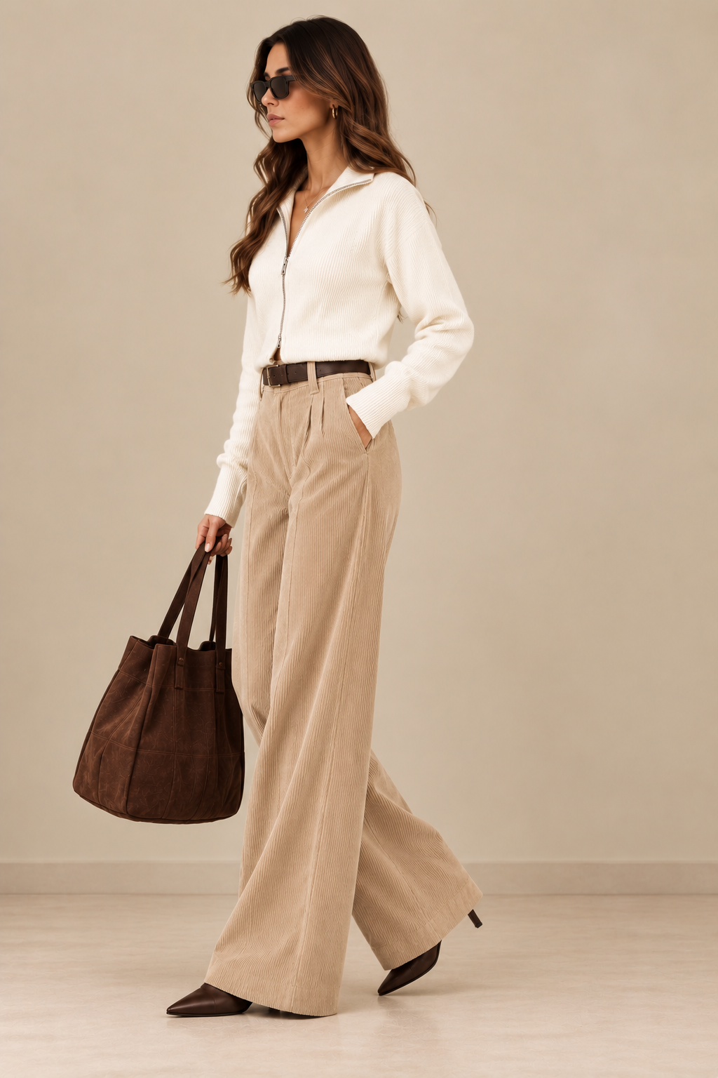 Women's High-Waist Wide-Leg Corduroy Trousers - By FAMINSIDE