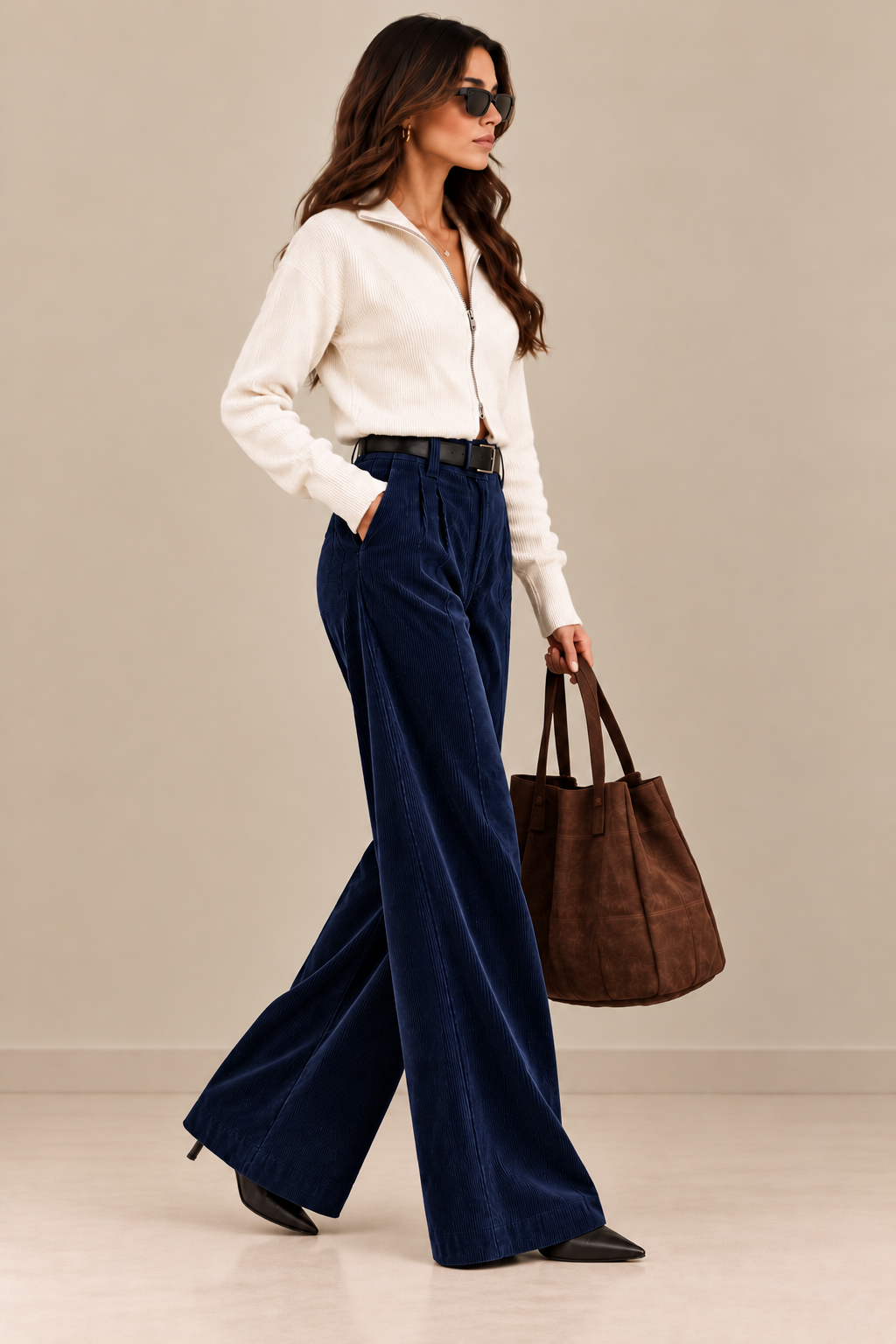 Women's High-Waist Wide-Leg Corduroy Trousers - By FAMINSIDE
