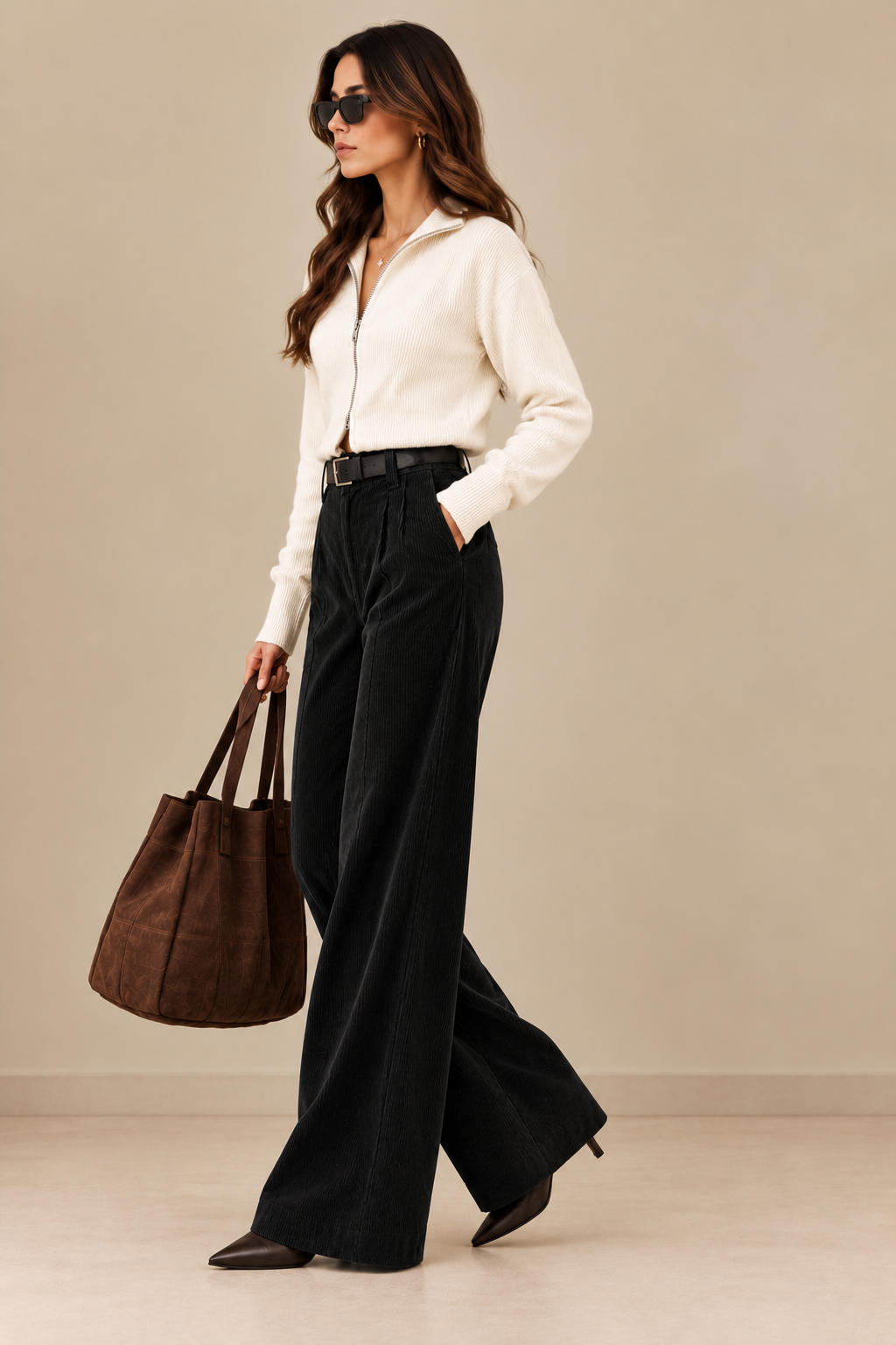 Women's High-Waist Wide-Leg Corduroy Trousers - By FAMINSIDE