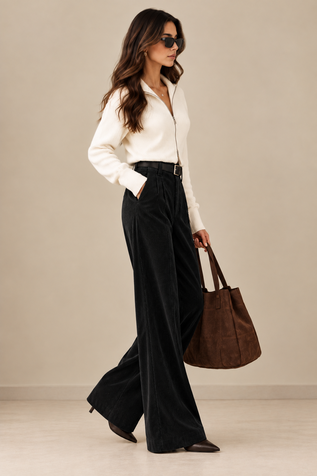 Women's High-Waist Wide-Leg Corduroy Trousers - By FAMINSIDE