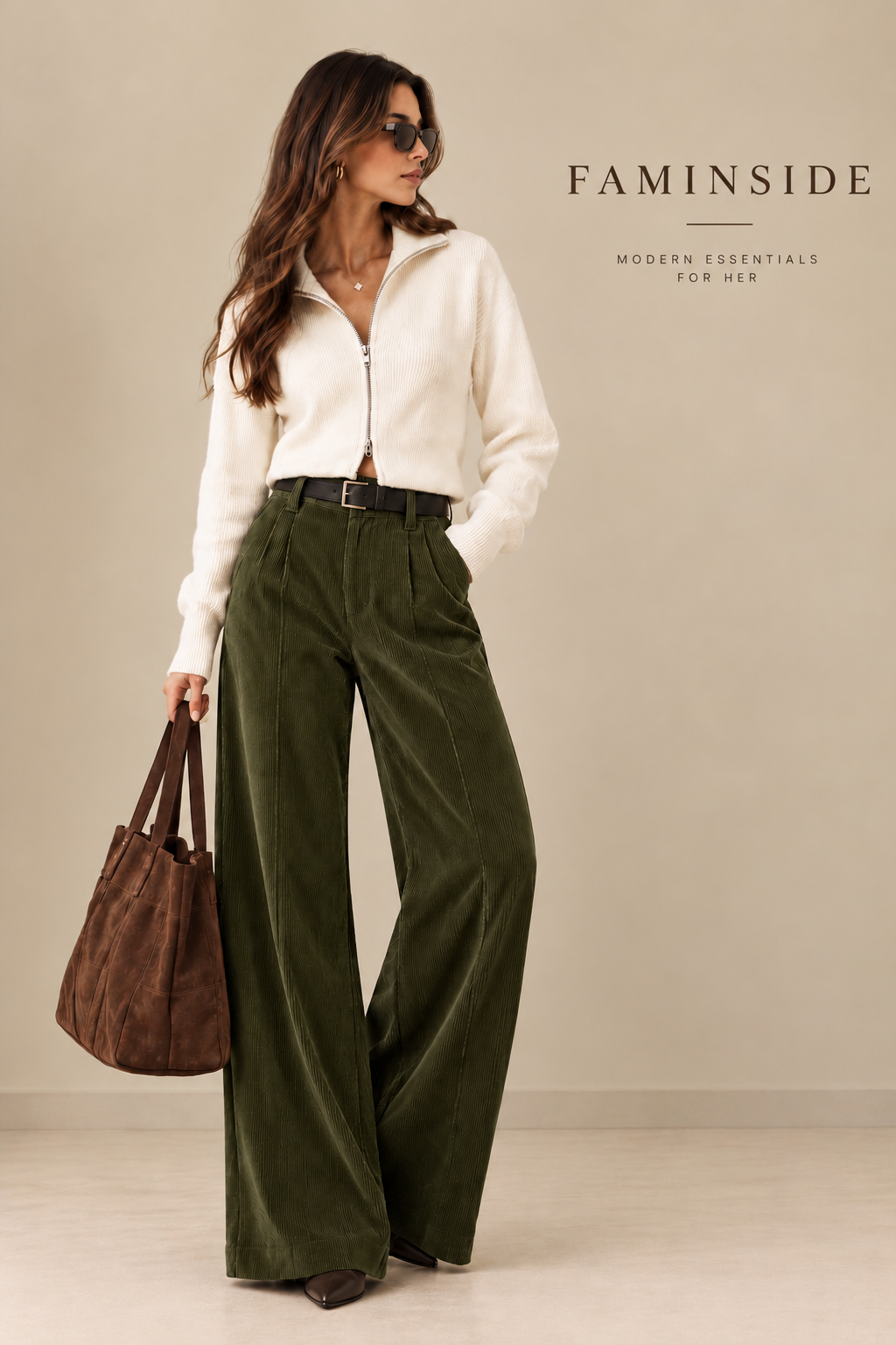 Women's High-Waist Wide-Leg Corduroy Trousers - By FAMINSIDE