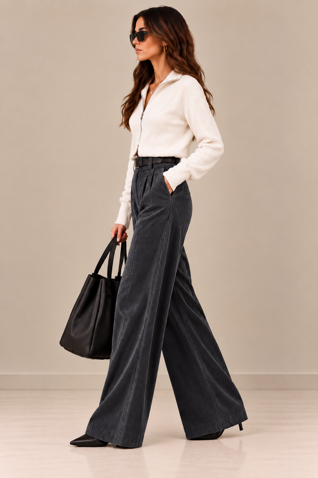 Women's High-Waist Wide-Leg Corduroy Trousers - By FAMINSIDE