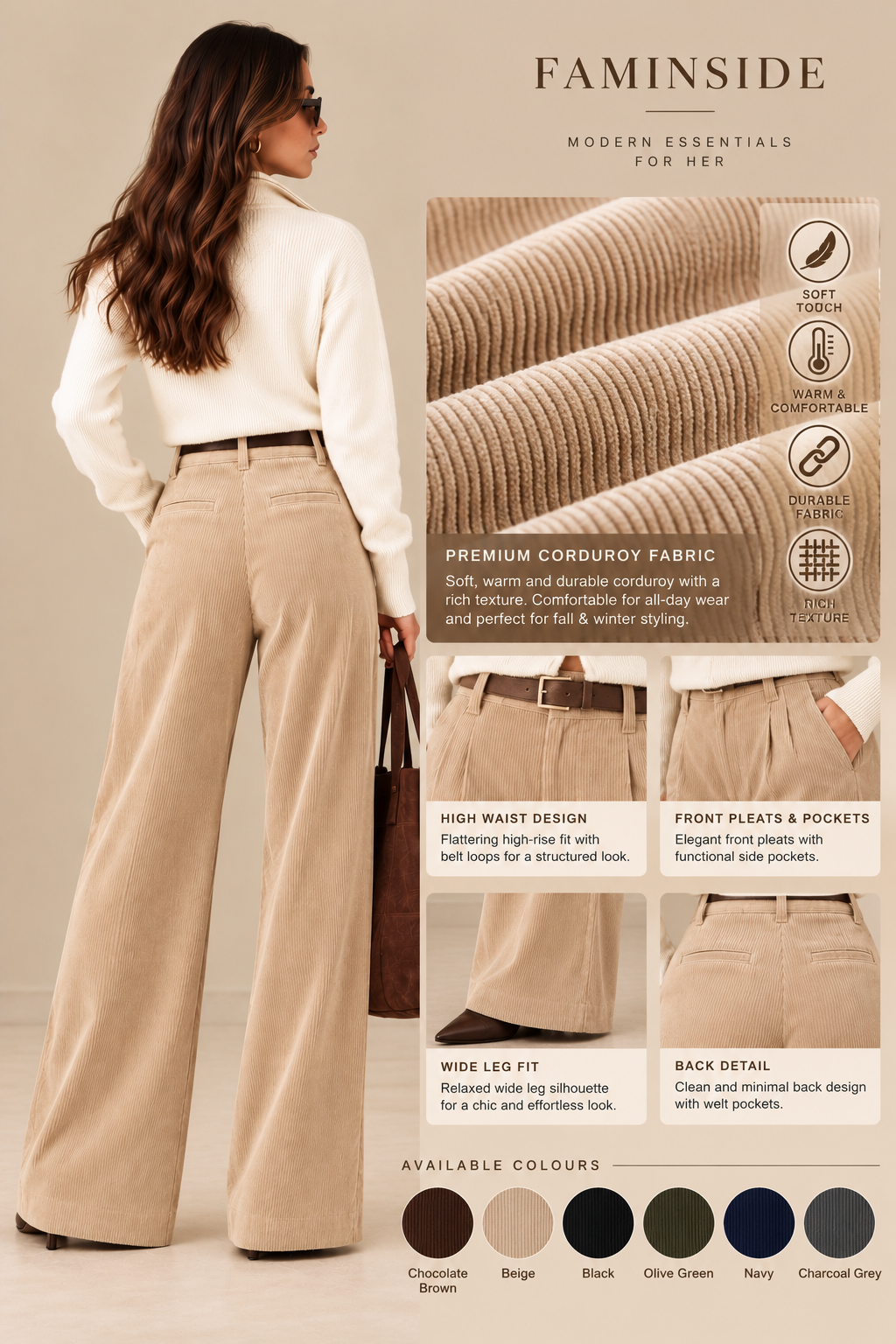 Women's High-Waist Wide-Leg Corduroy Trousers - By FAMINSIDE