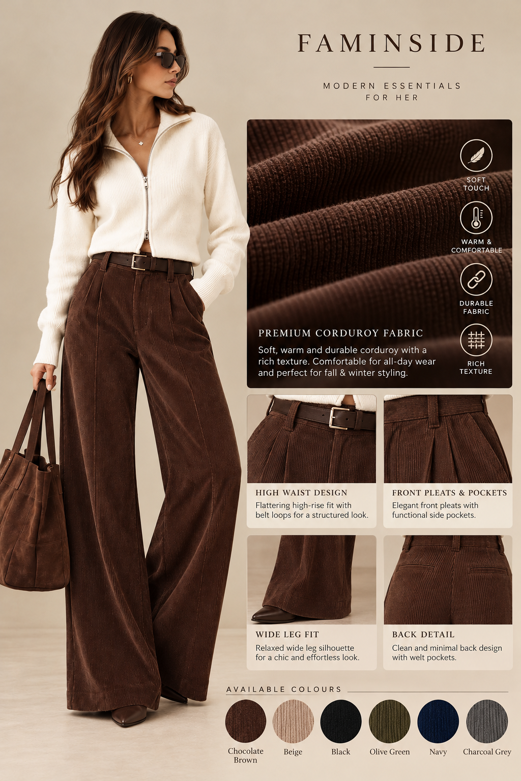 Women's High-Waist Wide-Leg Corduroy Trousers - By FAMINSIDE