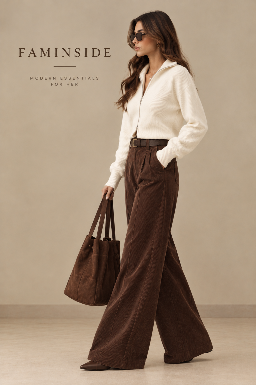 Women's High-Waist Wide-Leg Corduroy Trousers - By FAMINSIDE