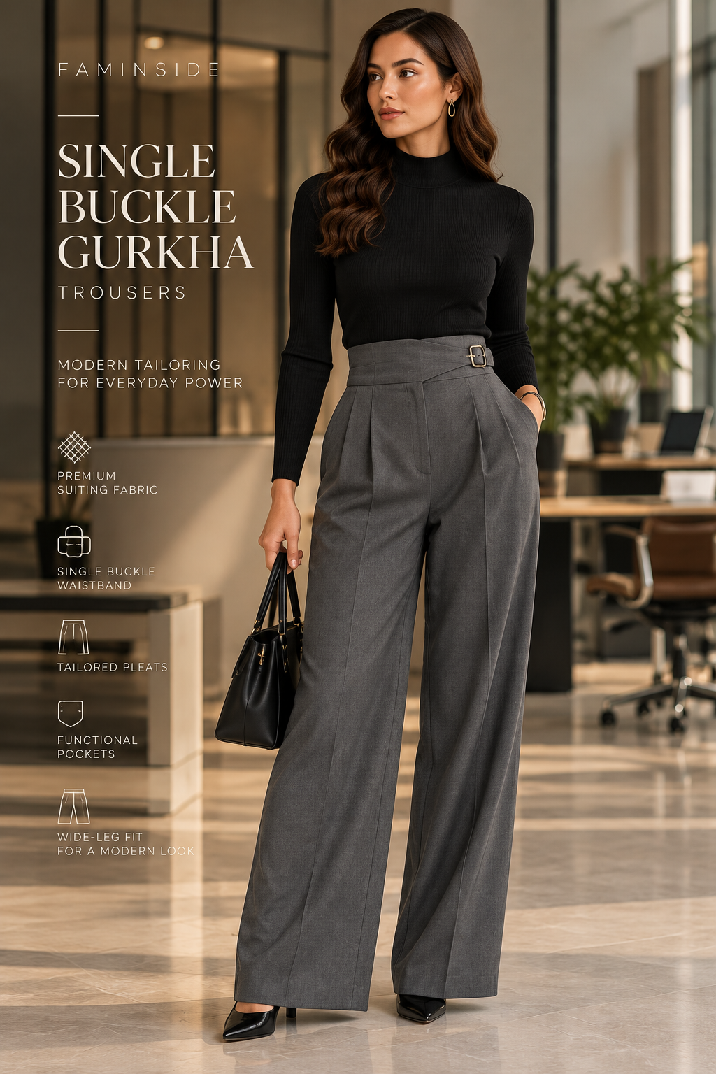 Women's Stone Grey Single-Buckle Gurkha Wide-Leg Trousers - By FAMINSIDE