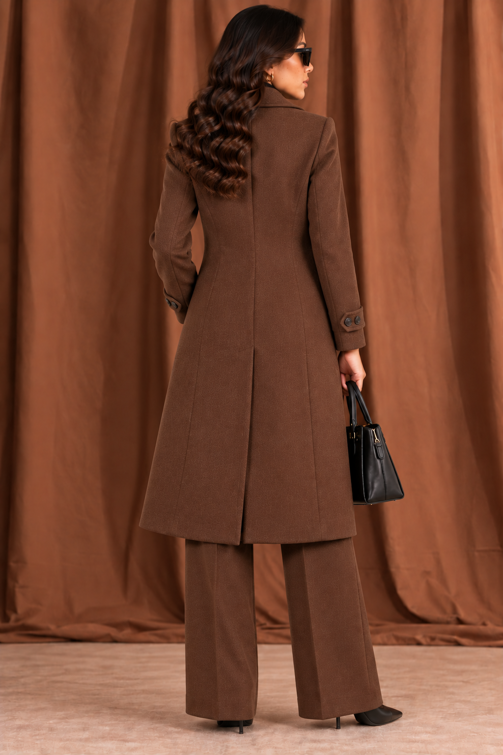 Women's Chocolate Brown Double-Breasted Tailored Long Coat - By FAMINSIDE
