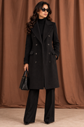 Women's Faminside Black Double-Breasted Wool-Blend Overcoat