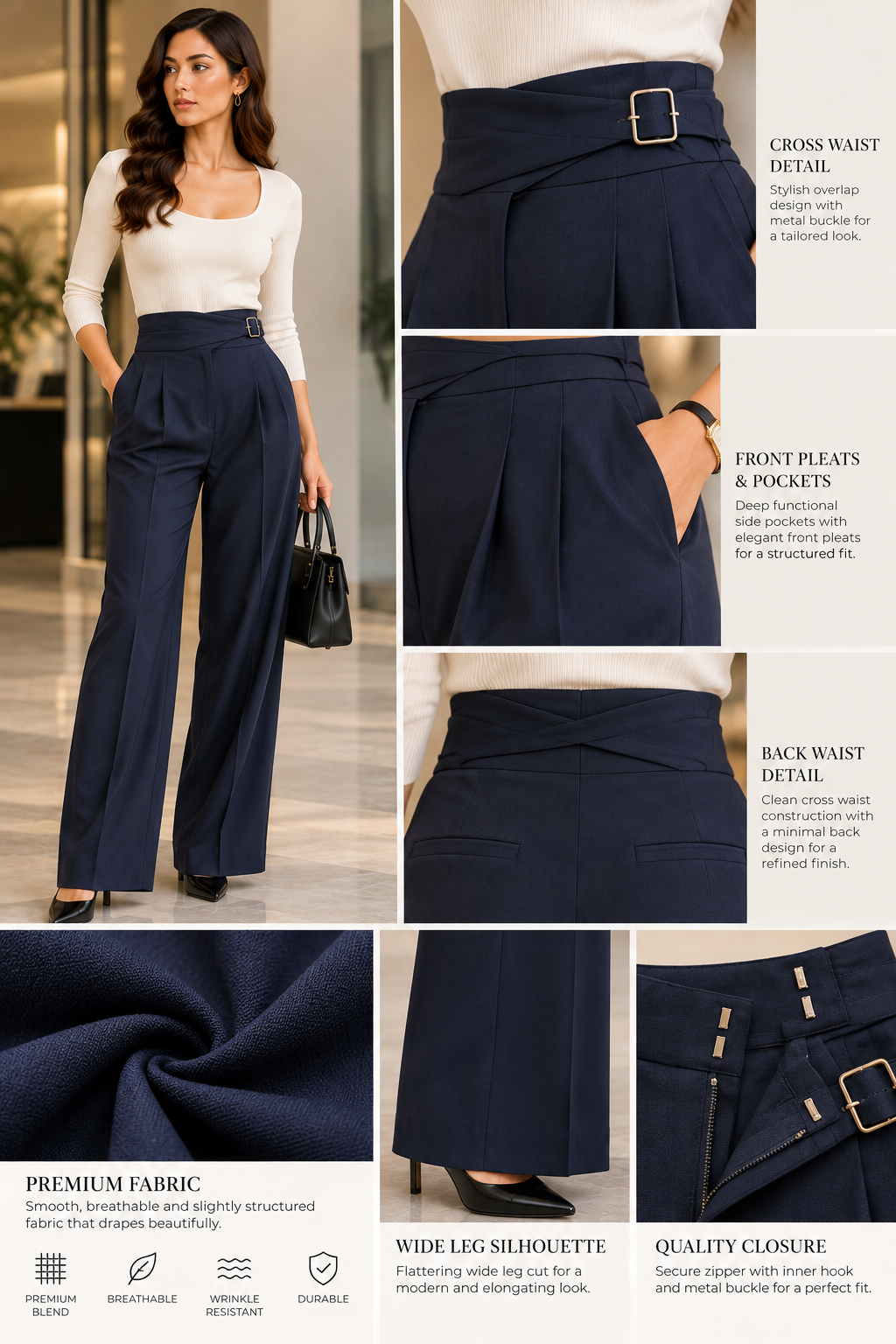 Women's Navy Blue Cross-Waist Gurkha Wide-Leg Trousers - By FAMINSIDE