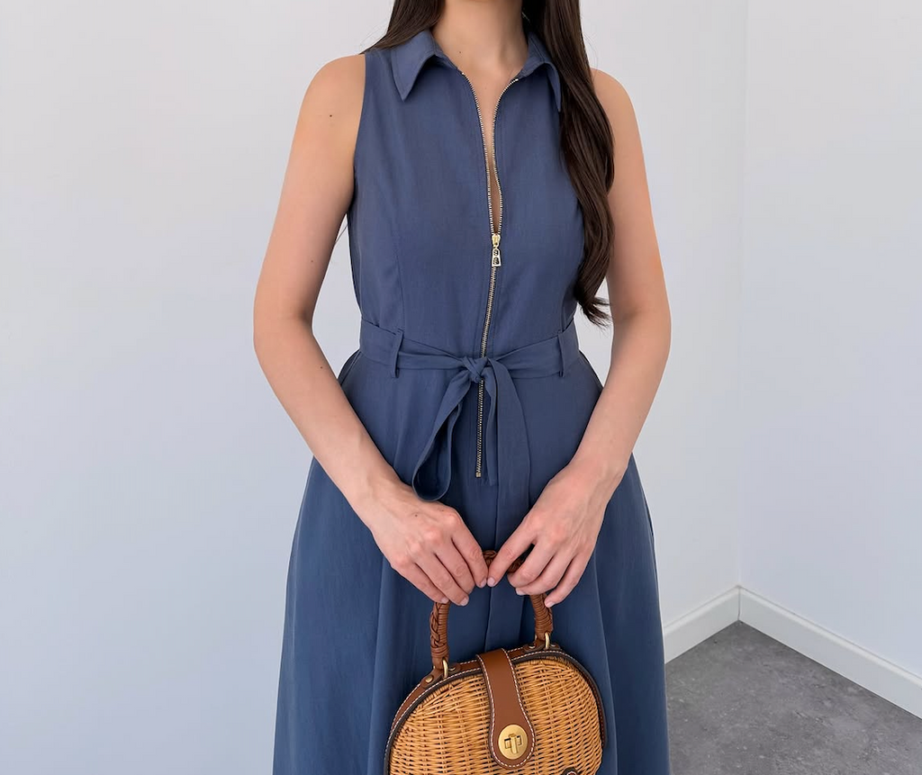 Navy Blue Sleeveless Zip-Front Belted Midi Dress By Faminside