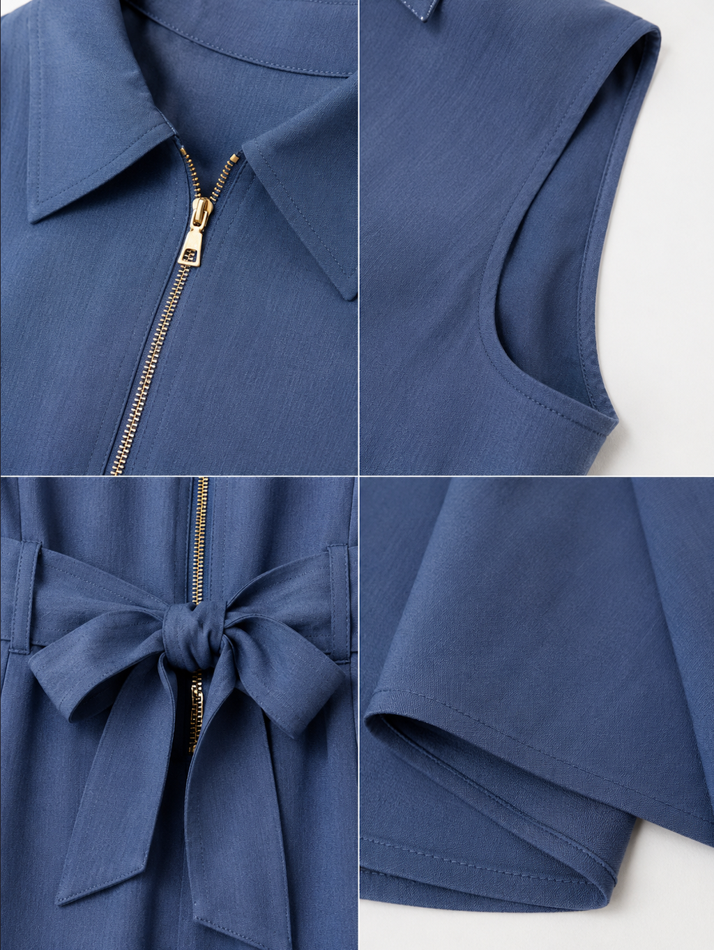 Navy Blue Sleeveless Zip-Front Belted Midi Dress By Faminside