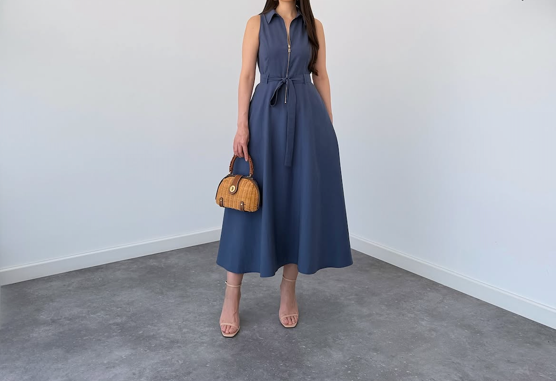 Navy Blue Sleeveless Zip-Front Belted Midi Dress By Faminside