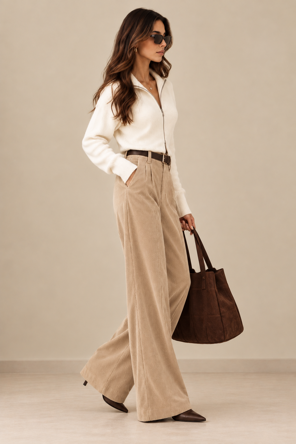 Women's High-Waist Wide-Leg Corduroy Trousers - By FAMINSIDE
