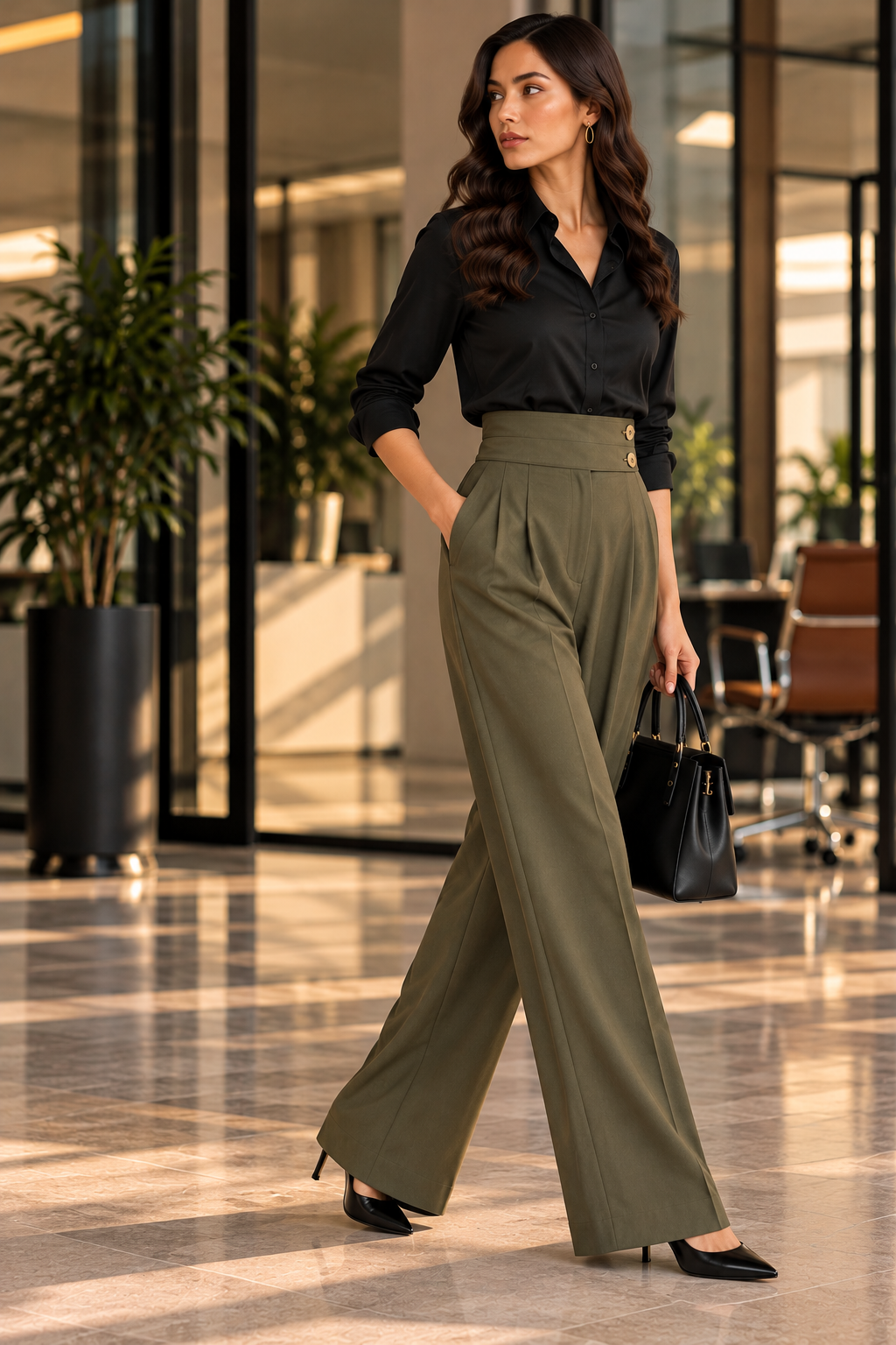 Women's Olive Green Button Tab Gurkha Wide-Leg Trousers - By FAMINSIDE