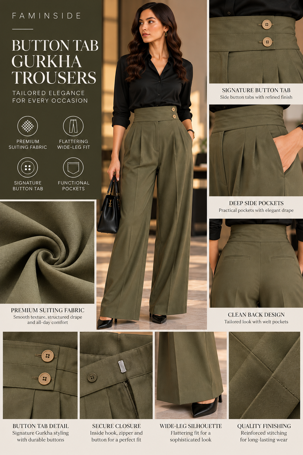 Women's Olive Green Button Tab Gurkha Wide-Leg Trousers - By FAMINSIDE