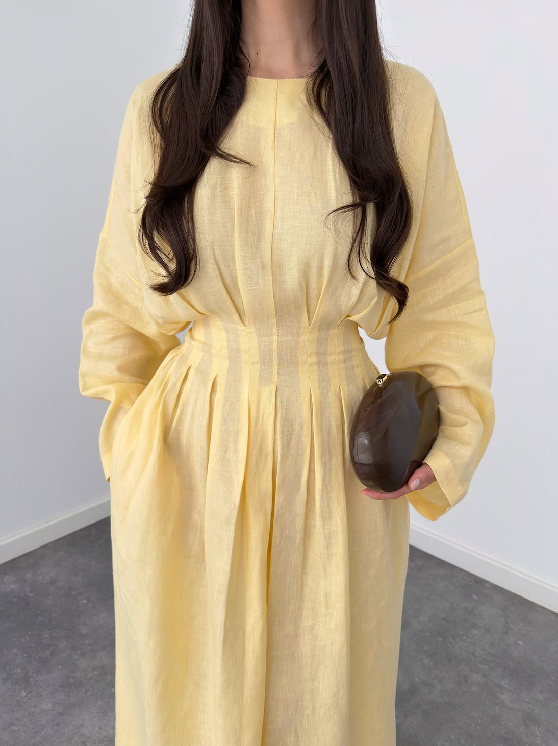Pastel Yellow Pleated Maxi Dress By Faminside
