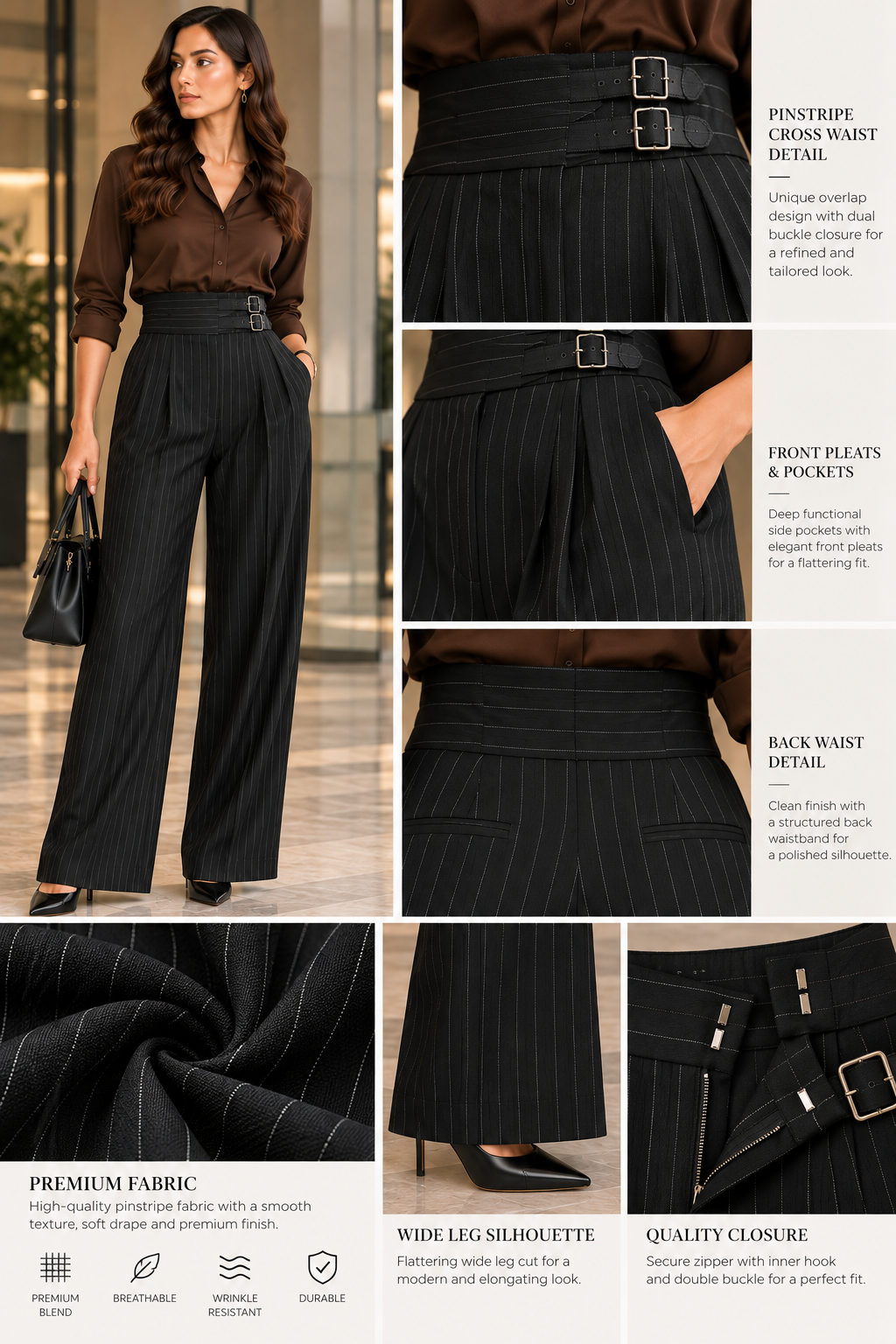 Women's Black Pinstripe Double-Buckle Gurkha Wide-Leg Trousers - By FAMINSIDE