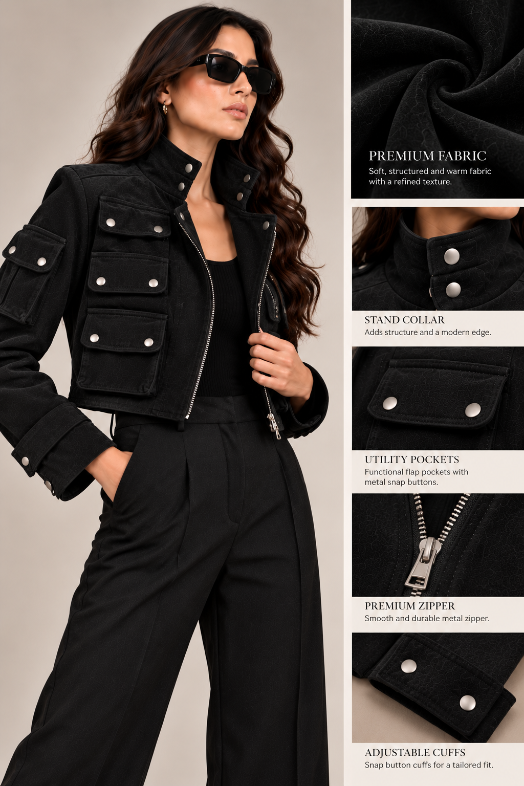 Faminside Black Suede-Finish Multi-Pocket Utility Jacket - ( Limited Edition )