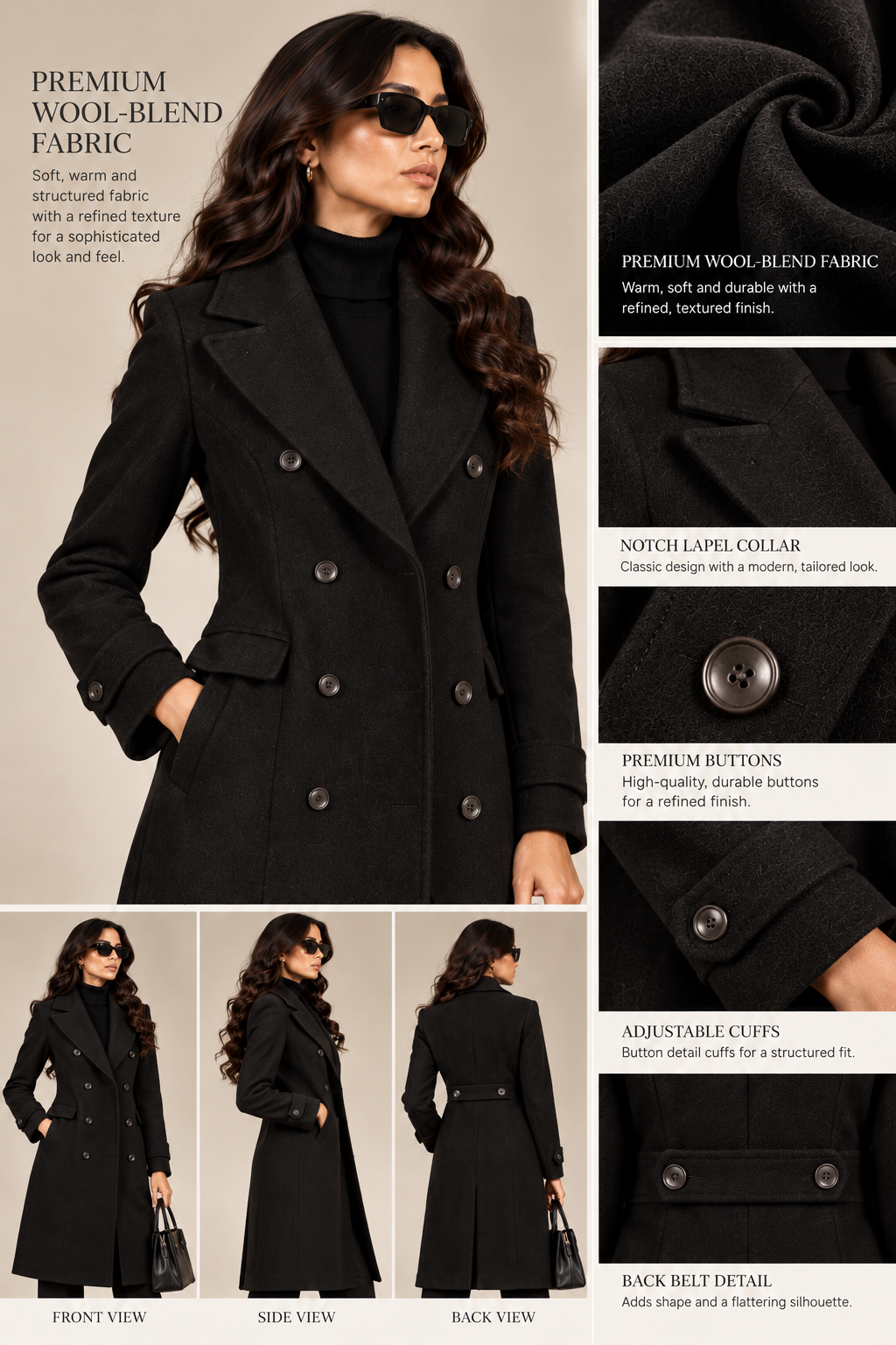 Women's Faminside Black Double-Breasted Wool-Blend Overcoat
