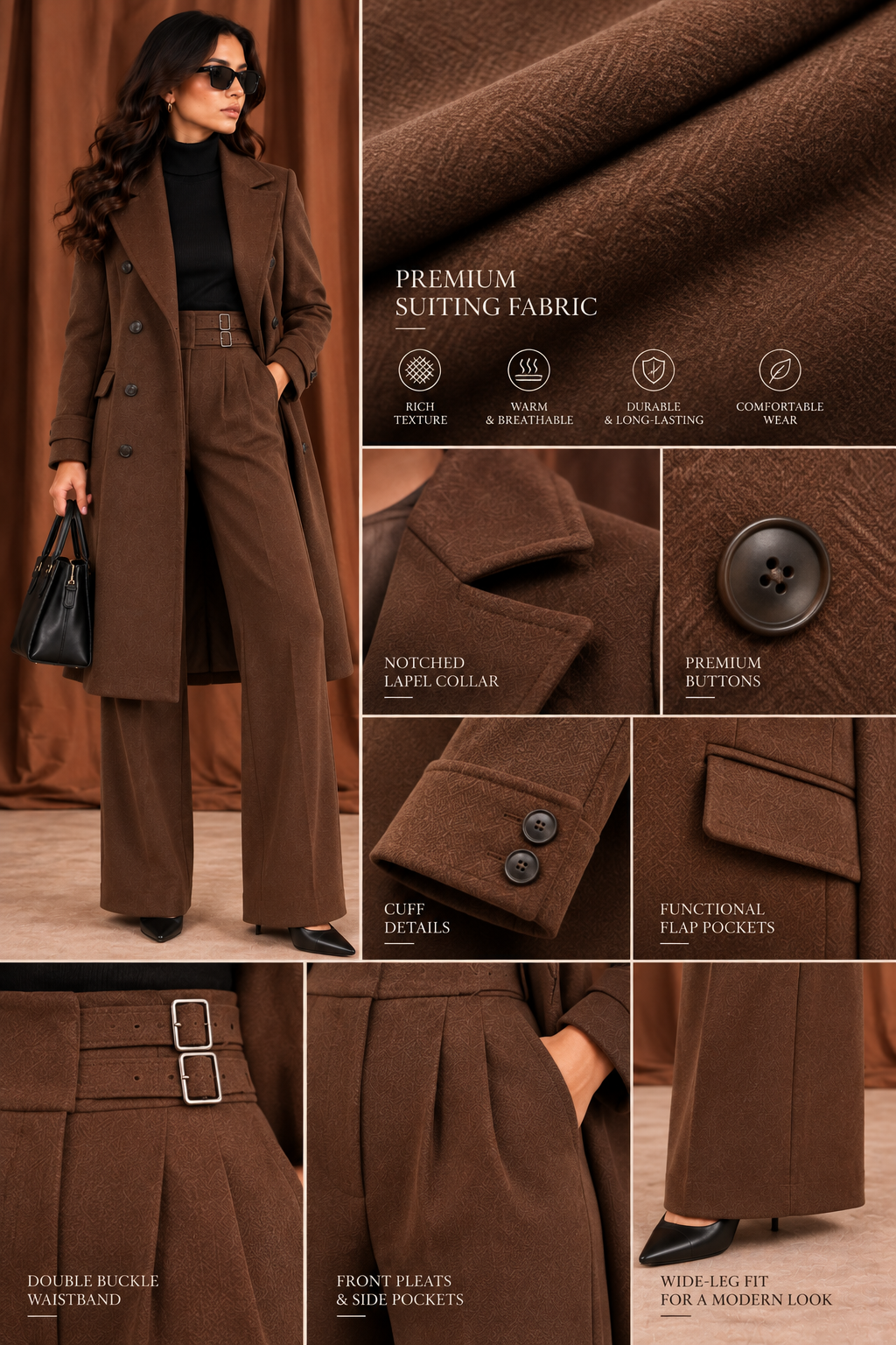 Women's Chocolate Brown Double-Breasted Tailored Long Coat - By FAMINSIDE