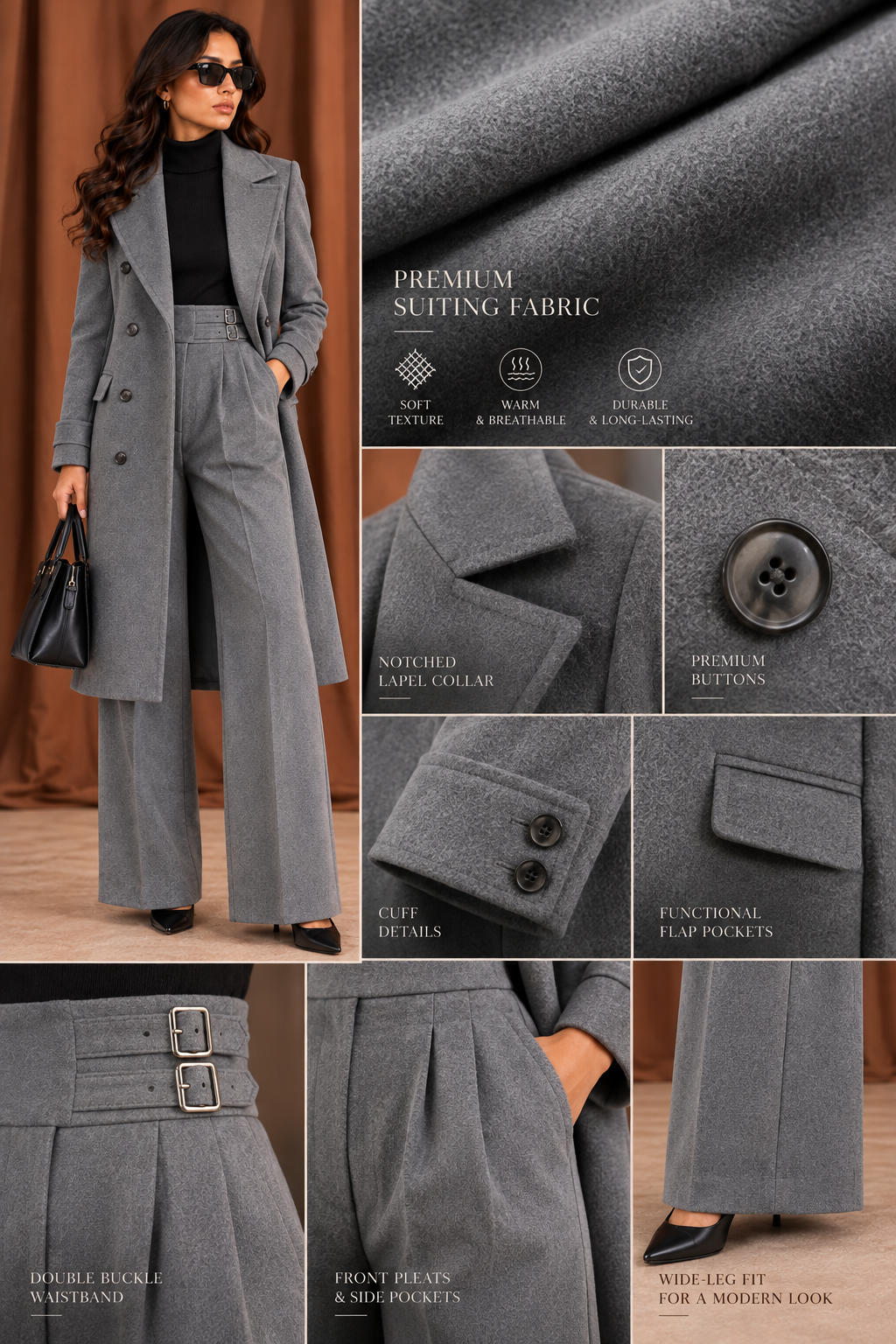 Women's Ash Grey Double-Breasted Tailored Long Coat - By FAMINSIDE