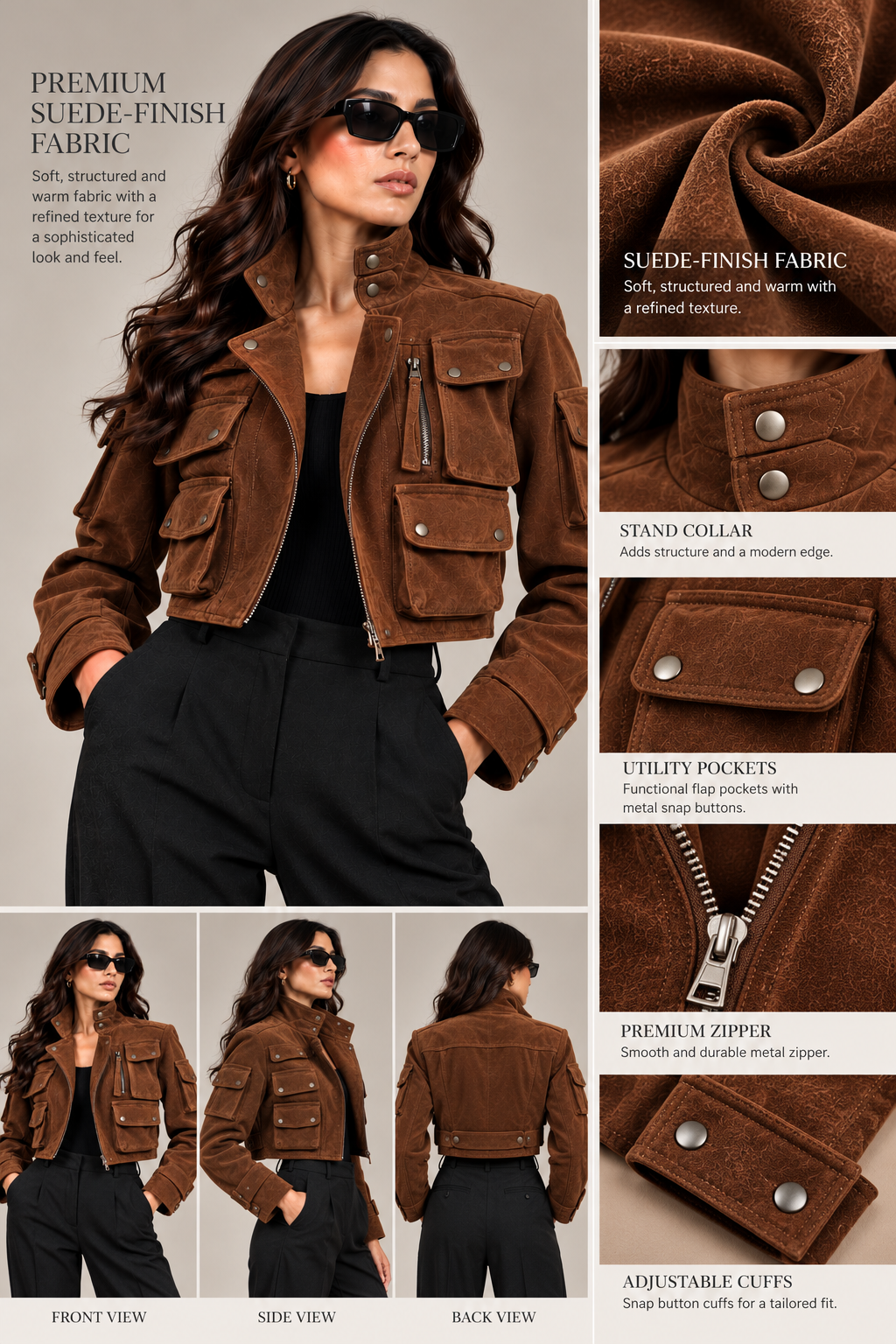 Faminside Brown Suede-Finish Multi-Pocket Utility Jacket - ( Limited Edition )