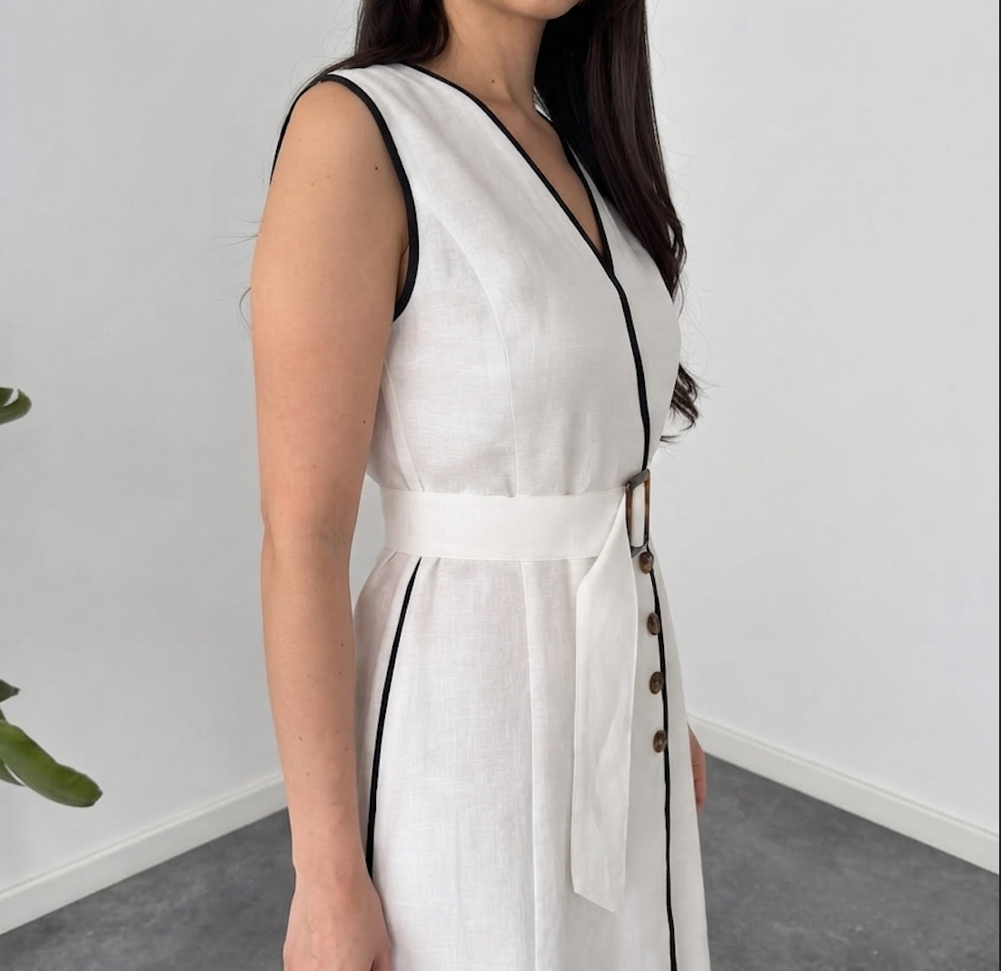 Faminside Ivory Elegance Contrast Trim Belted Maxi Dress