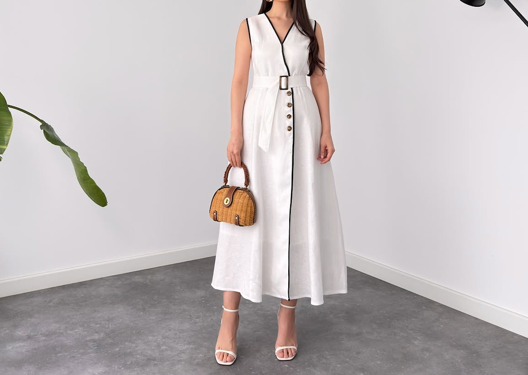 Faminside Ivory Elegance Contrast Trim Belted Maxi Dress