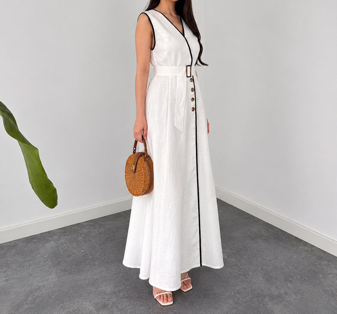 Faminside Ivory Elegance Contrast Trim Belted Maxi Dress