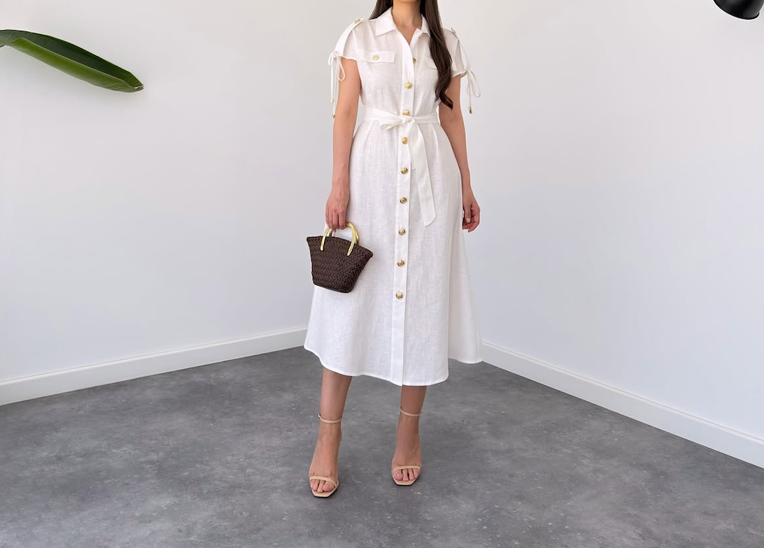 Faminside Élodie White Linen Blend Button-Down Maxi Dress