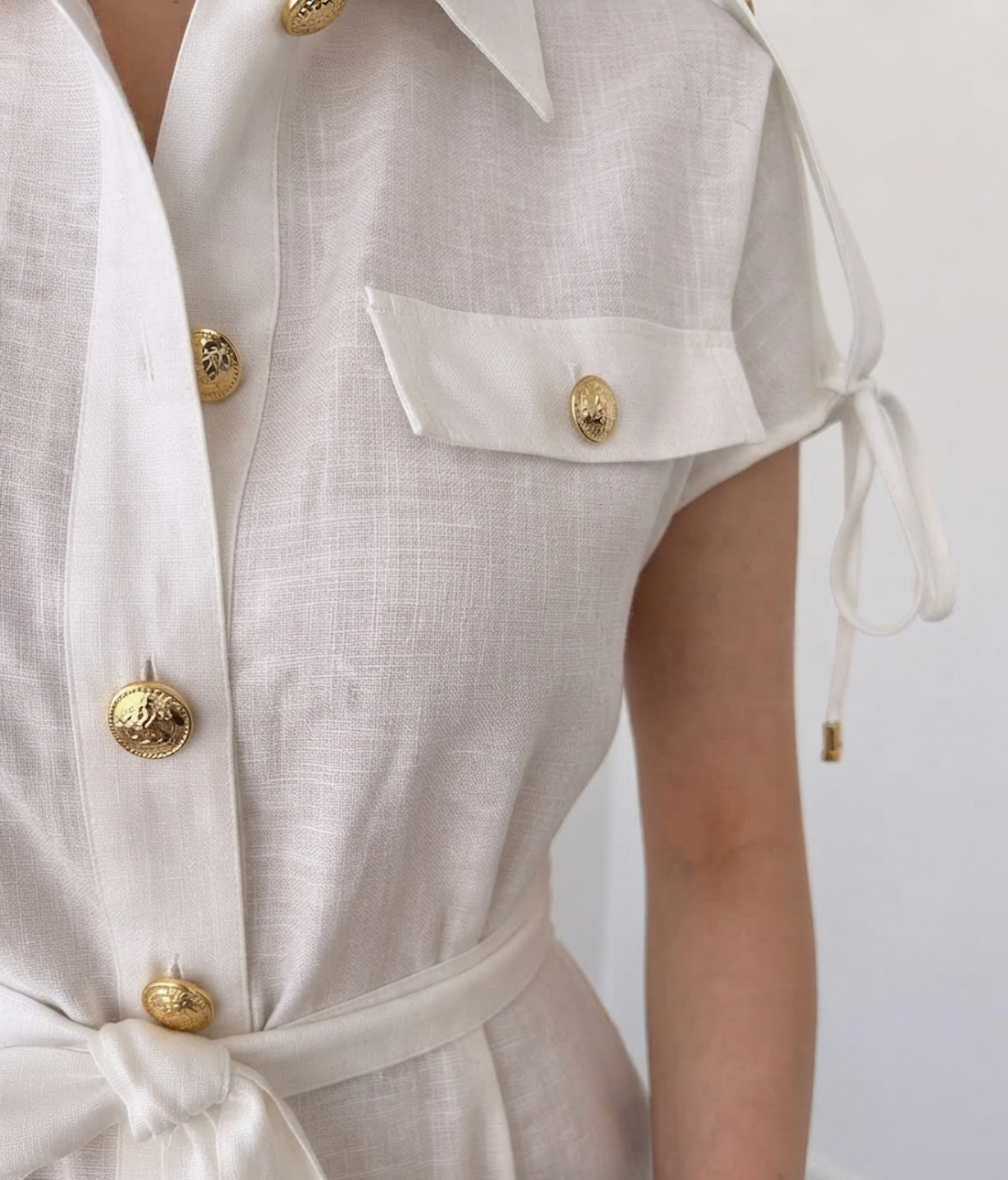 Faminside Élodie White Linen Blend Button-Down Maxi Dress